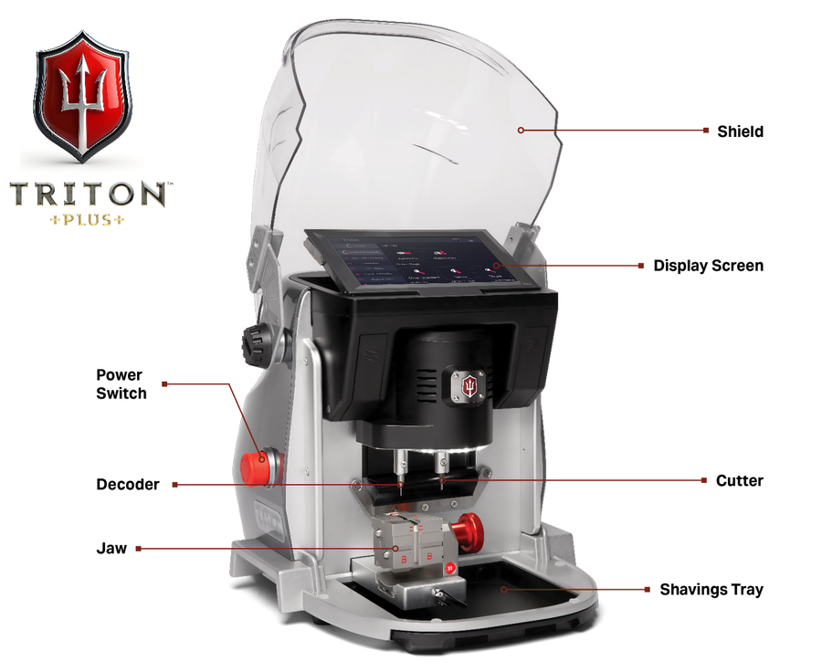 Triton PLUS machine with labeled components: shield, display screen, cutter, decoder, jaw and shavings tray