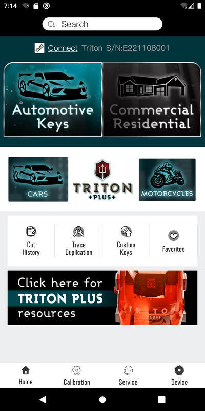 Triton PLUS app home screen showing automotive, commercial and residential key categories and machine connection